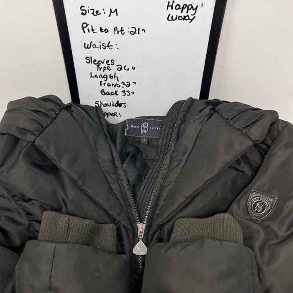 Happy Goat Black Long Down Puffer Coat Size M High Collar Hood Water Resistant - Picture 8 of 15
